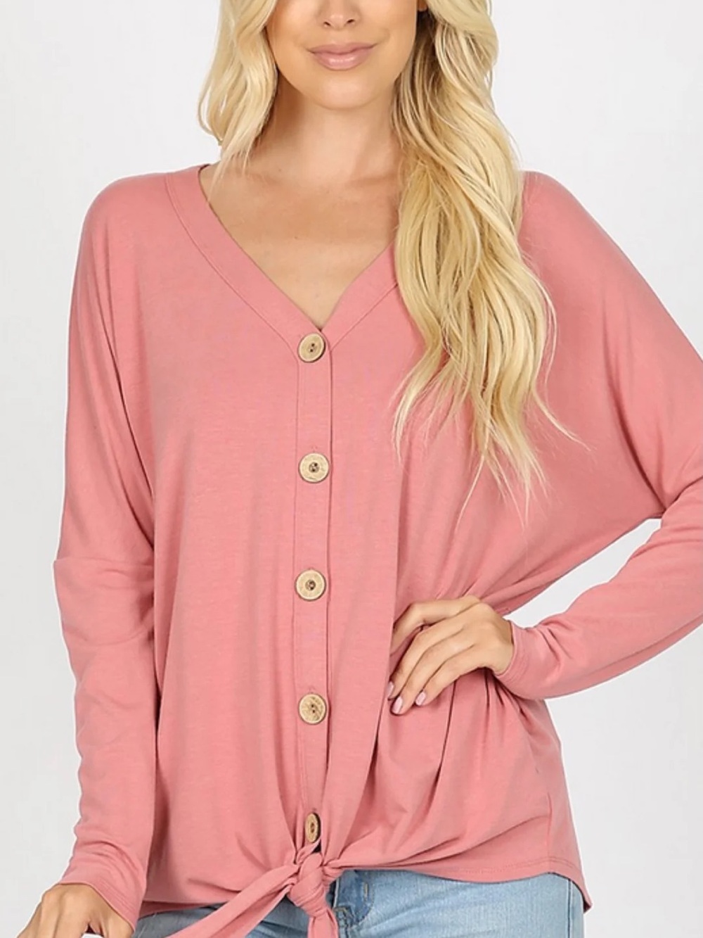 Women's Button-Front Tie Hem Top - Pink